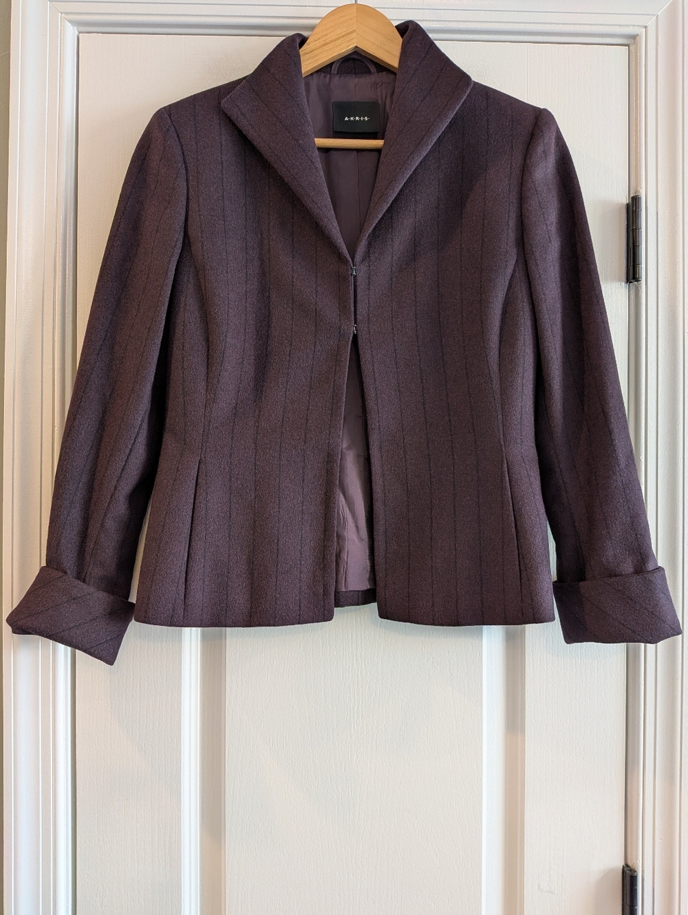 Akris Angora Wool Blazer Striped Purple Black Size 6 Luxury Old Money Classic
